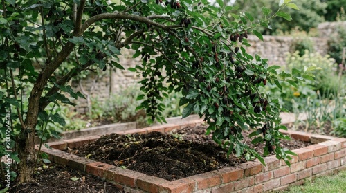 Fruiting mulberry tree leaning over raised brick garden bed, with hanging dark berries, leafy branches, compost soil, stone wall background and cultivated kitchen garden atmosphere for harvest