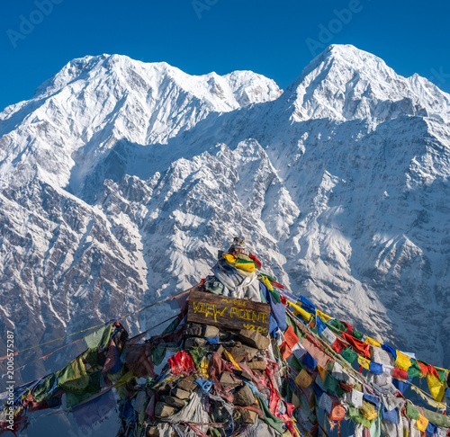 Bild auf Leinwand Prayer flags with beautiful view of Mt