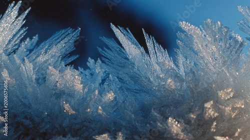 Close-up of a group of ice crystals. the crystals are arranged in a cluster, with each crystal having a unique shape and size.