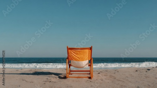 Wooden deck chair on a sandy beach with the ocean in the background. the chair is orange in color and has a white cushion on it.
