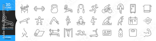 Fitness Icons Set, Gym Workout Icon Collection, Exercise Line Icons, Health Training Vector, Sports Activity Symbols, Minimal Editable Stroke Icons
