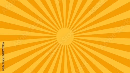 Orange and yellow radial sunburst background with rotating beams and central sun circle