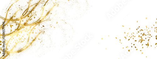 Gold leaf, brush line, Japanese style. Watercolor Gold foil pieces flake. Gold Foil Frame stroke on transparent background. Old gold texture with gold paper particles and gold flakes that shimmer. PNG