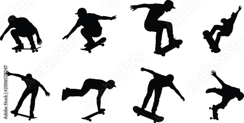 Photos Skateboarder silhouettes performing aerial tricks and jumps showcasing extreme s
