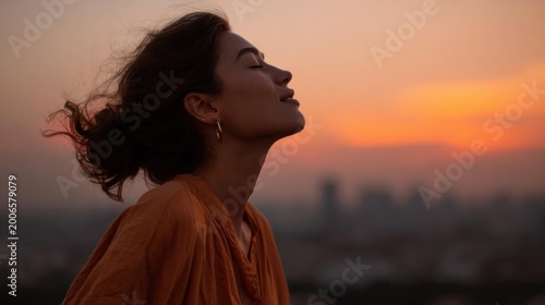 Young woman with her eyes closed and her hair blowing in the wind. she is wearing an orange dress and gold earrings.