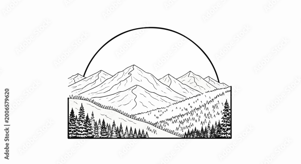Naklejka premium Stylized black and white mountain range with a semi-circle overhead and forested foreground