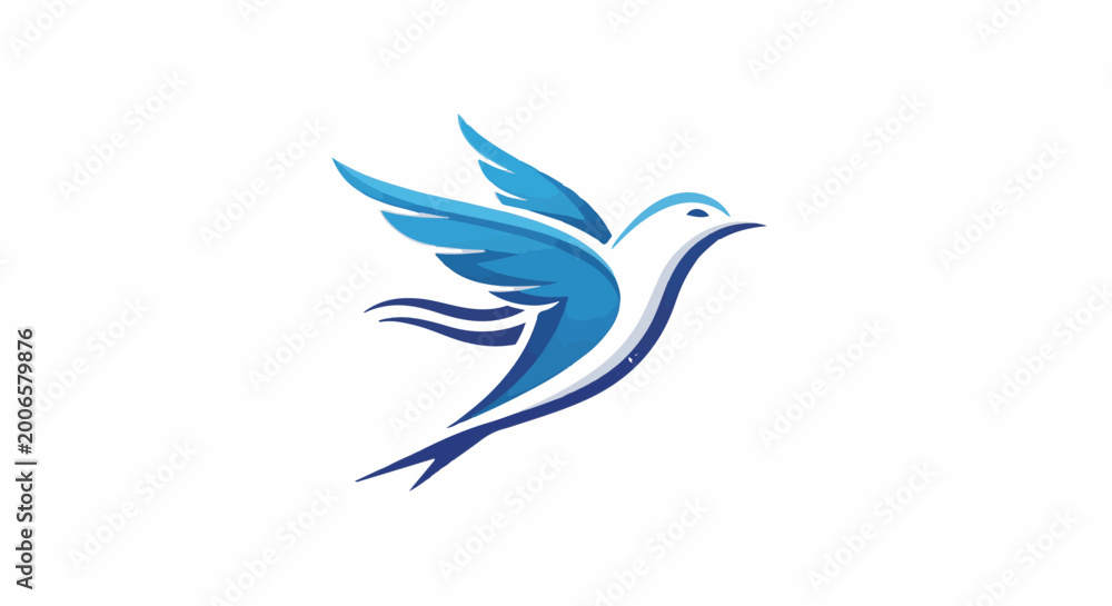 Fototapeta premium Blue and white bird in flight, graphic logo, wings spread
