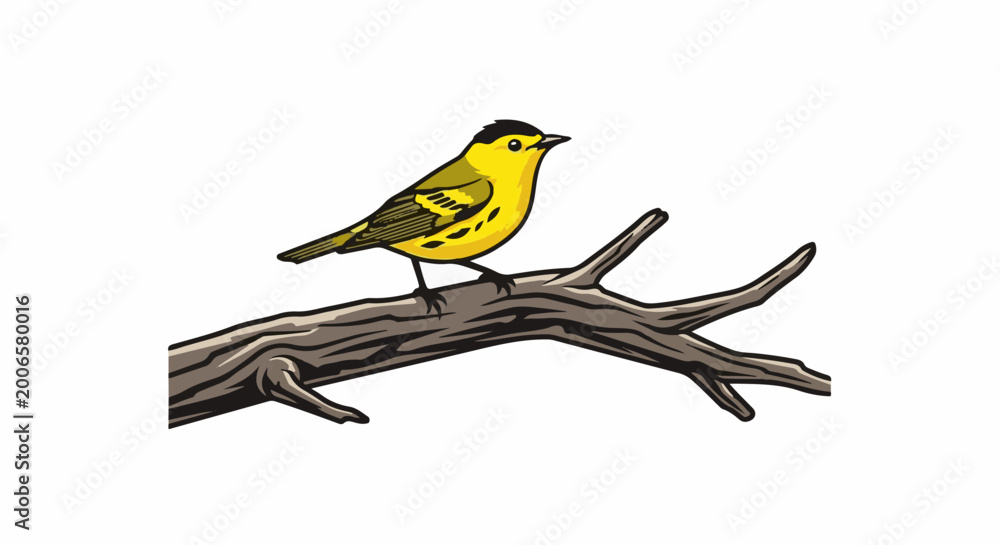 Obraz premium A stylized yellow bird with black markings sits on a rough, brown branch