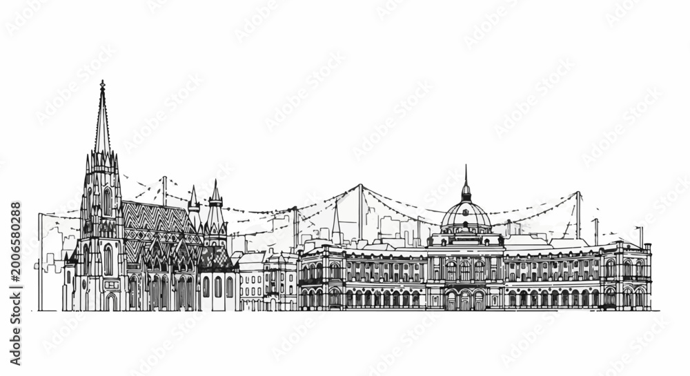 Fototapeta premium Detailed black and white sketch of a historic city skyline with Gothic and domed buildings