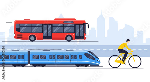 Urban transport: bus, train, and cyclist in a cityscape