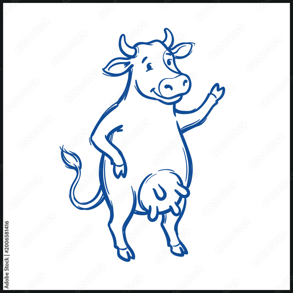 Fototapeta premium Cow standing upright waving in minimalist blue line drawing with playful and friendly mood