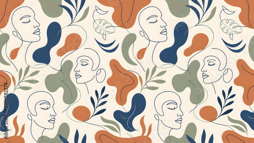 Seamless abstract boho pattern with continuous line art woman faces, leaves and organic shapes.