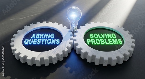 Two people icons asking questions and solving problems with city background