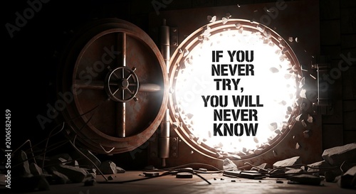 Vintage bicycle wheel with motivational quote about trying new things in city