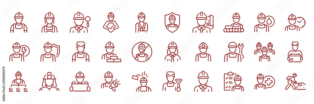 Obraz premium Set of 30 outline icons related to worker. Linear icon collection. Editable stroke. Vector illustration