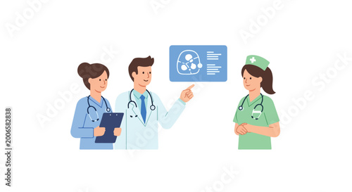 Three healthcare professionals, including a doctor and two nurses, discuss a medical scan displayed on a digital screen in a clean vector style.
