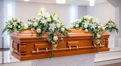 Elegant wooden casket adorned with vibrant floral arrangements including white roses and lilies, set within a peaceful memorial service hall, aesthetic, tribute, loss