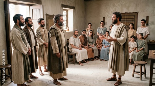 Biblical reenactment of Apostle Peter meeting Cornelius in Caesarea. Group of man, woman, and child listening to preacher in ancient house. Religious historical scene from Acts 10.