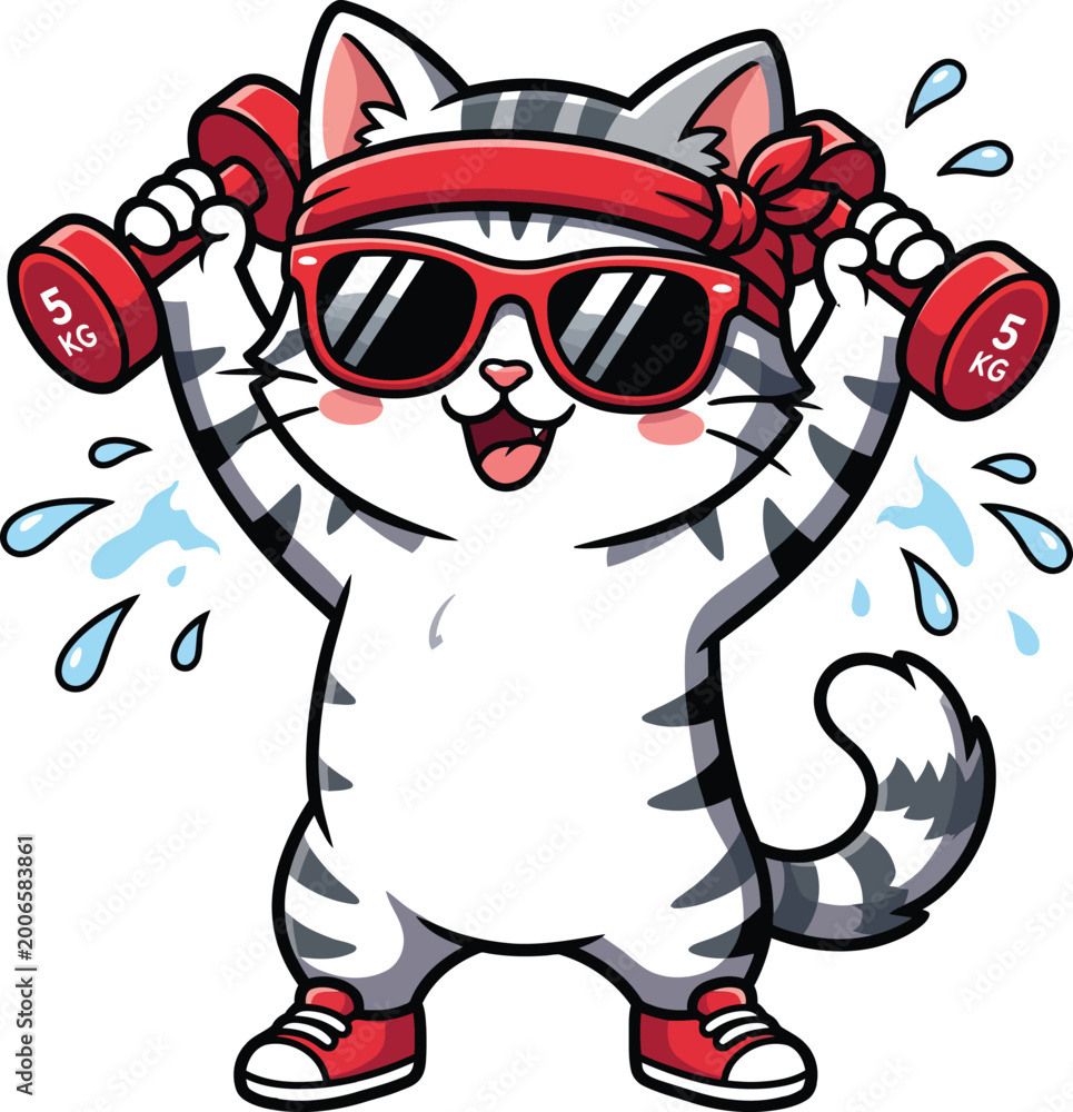 Fototapeta premium Cute cartoon cat working out with red dumbbells wearing sunglasses and a headband for a fun fitness mascot design.
