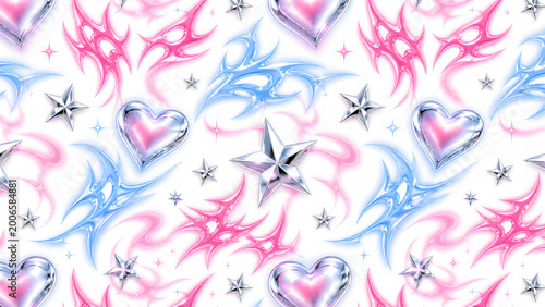Seamless Y2K aesthetic pattern with 3D chrome hearts, metallic stars and pastel pink blue fluid tribal shapes on white background.