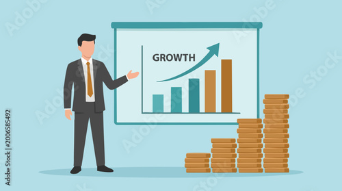 Fotografie Businessman presenting a growth chart and increasing stacks of money, financial