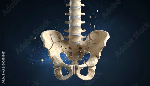 3D rendering of human spine and pelvis, vertebrae detailed, pelvis cracking into fragments, suspended above dark void, symbolic fragility.
