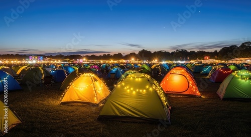 Vibrant camping tents glow under twinkling fairy lights at a bustling outdoor music festival as twilight settles over the grassy campsite, bright, warm, meadow