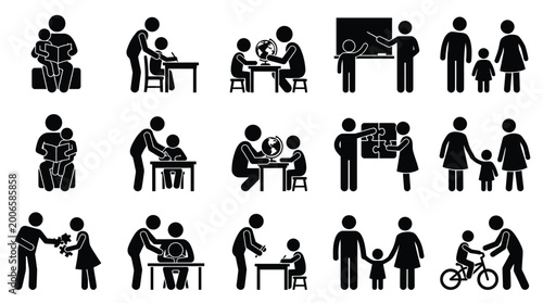 Vector silhouette icons of parents and children engaged in educational tasks and puzzle games.
