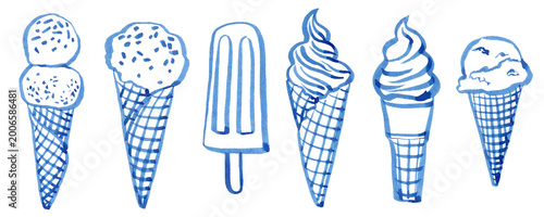 Hand drawn ice cream. Linear art ice cream, sketch, ink drawing. Use as print, poster, element design, package design, invitation, greeting card, postcard, menu design, label, sticker. Ice cream desig
