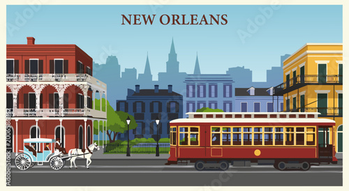 Photos New Orleans vector illustration depicting a classic streetcar and horse-drawn ca