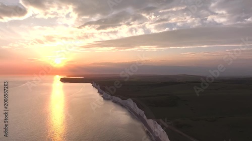 Sunset over Seven Sisters Cliffs from a drone, English Channel, East Sussex, South-east England
