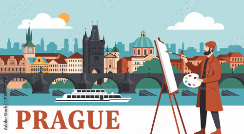 Tableau sur toile Vector illustration of a painter capturing the iconic Prague skyline, Charles Br