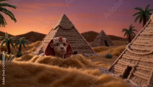 A low drone glide pans down over felted sand dunes toward a crocheted Sphinx and knitted pyramids inspired by Giza, bathed in a dusty sunset glow