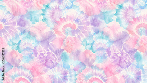 Seamless pastel tie dye watercolor pattern with soft pink, blue, and purple swirls.