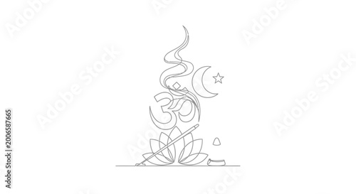 Quadro su tela Om Symbol, Crescent Moon, Lotus Flower, Flute, and Abstract Fire Line Art