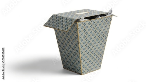 Patterned takeout box with open lid