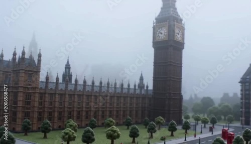 A misty drone flyover glides past a knitted Tower Bridge and Big Ben inspired by London, set among felted trees and red wool telephone booths