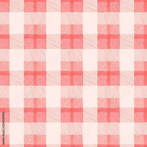 Seamless Light Red and White Plaid Pattern Background with Hand-Drawn Texture for Picnic, Fabric, and Textile Designs