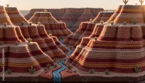 A slow zoom out reveals a striped knitted canyon landscape inspired by the Grand Canyon, featuring a blue yarn river and tiny cacti under warm desert light