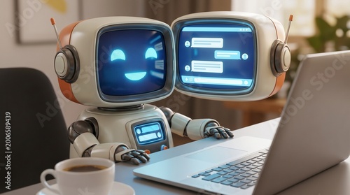 A cute retro style robot working on a silver laptop with a friendly digital face