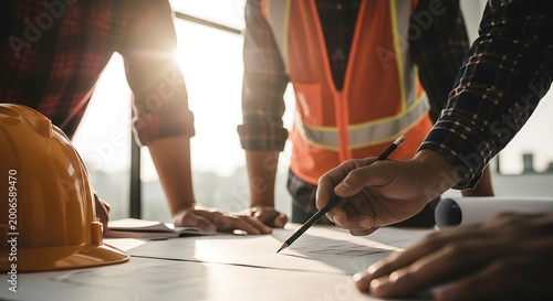Construction team reviewing blueprints