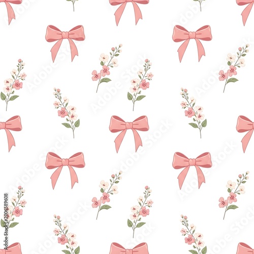 Charming pink bows and delicate floral sprigs on a clean white background, a seamless pattern