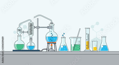 Φωτογραφία Chemistry Lab Equipment Illustration: Flasks, Beakers, Distillation Apparatus, S