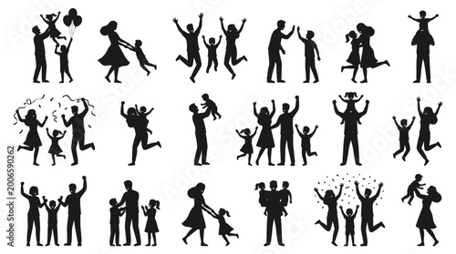 Family silhouettes set featuring parents and children celebrating playing and having fun moments.