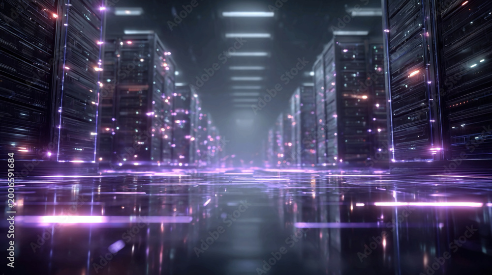 Fototapeta premium Glowing server racks in abstract data center with purple lighting