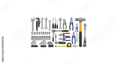Foto Comprehensive set of hand tools including pliers, wrenches, screwdrivers, and hammers neatly arranged on a white background