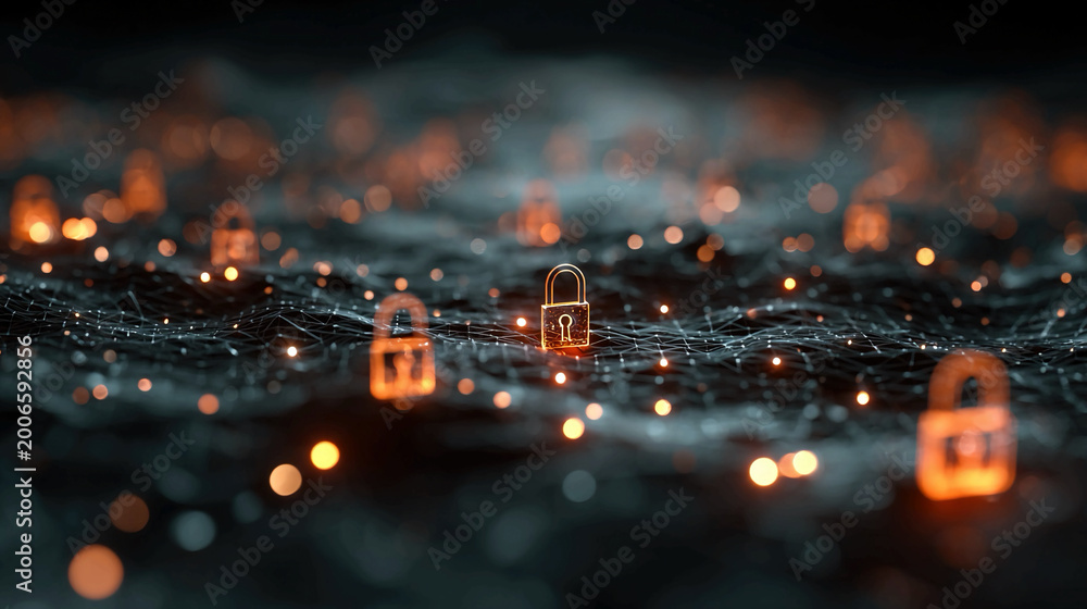 © Hasnain - Holographic locks on data network with glowing orange lights