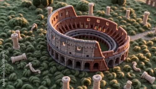 A slow orbiting drone shot reveals a textured knitted Colosseum inspired by Rome, standing among yarn ruins on a green boucle field at sunset
