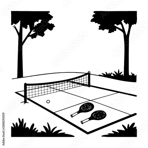 Black and white pickleball or tennis court illustration with paddles, ball, net, and trees