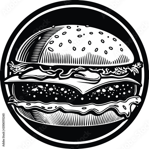 Black and white burger icon, food logo, restaurant symbol, vector illustration